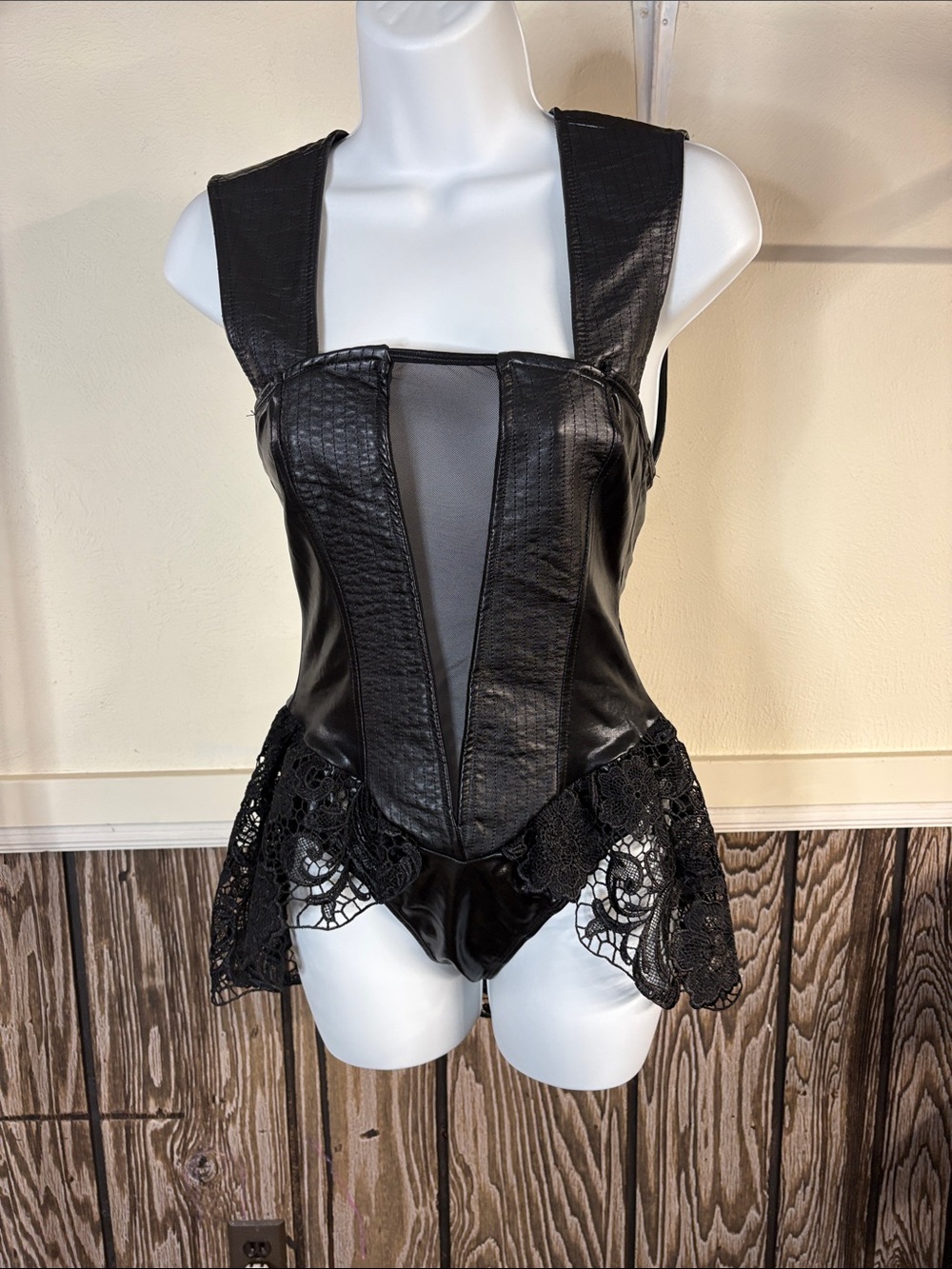 Spirit Black Faux-Leather Lace-Trim Bustier Bodysuit
